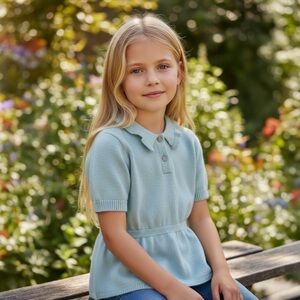 NWT THE SUNDAY COLLECTIVE Milton Ruffle Collar Knit Polo Blue 8/9Y